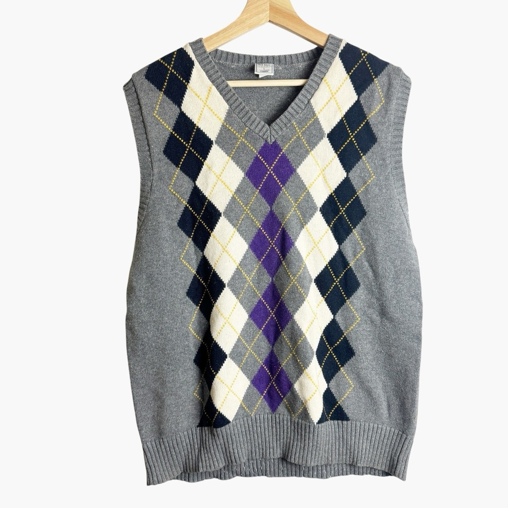 Old Navy Y2K Men L Wool Blend Argyle Sweater Vest Preppy Grandpa Academia Golf